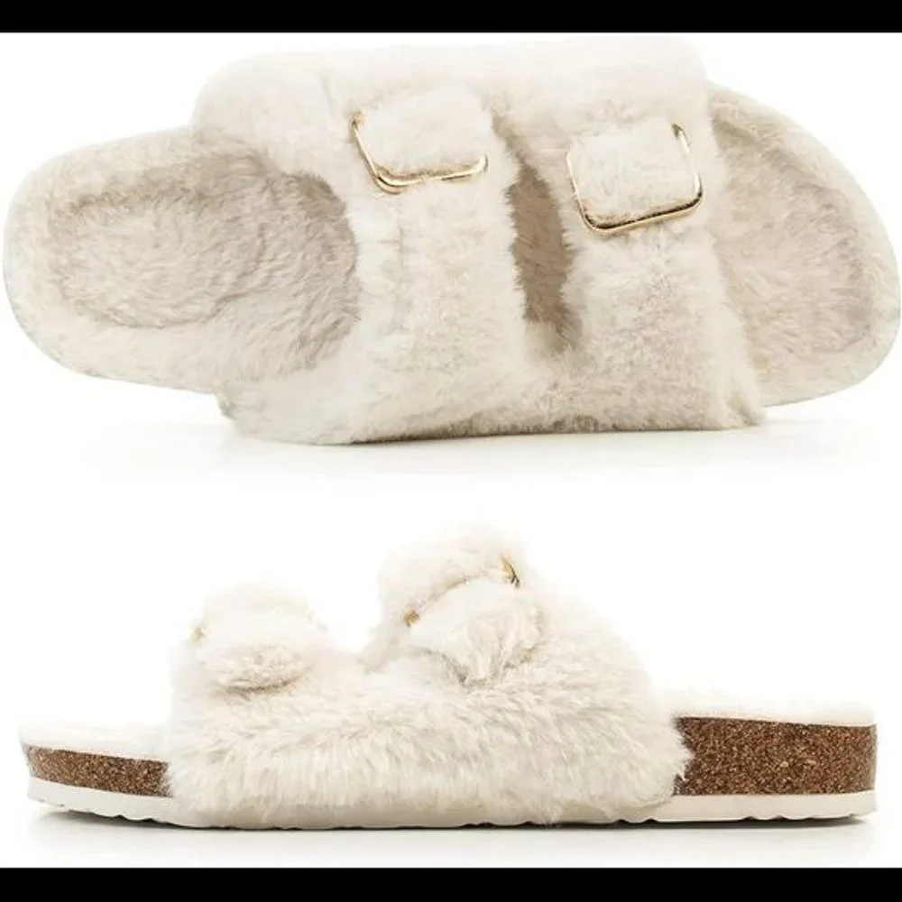 Womens Open Toe Slipper with Cozy Lining,Faux Rabbit Fur Cork Slide Sandals - Picture 3 of 5